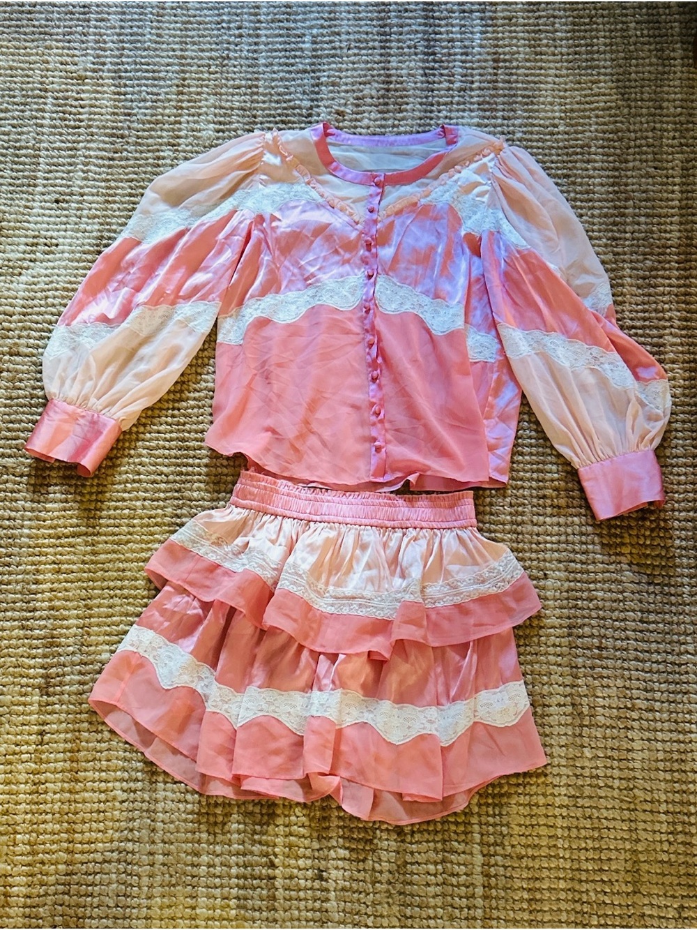 LoveShackFancy Zavia Blouse & Fia Skirt Matching Set Pink Colorblock